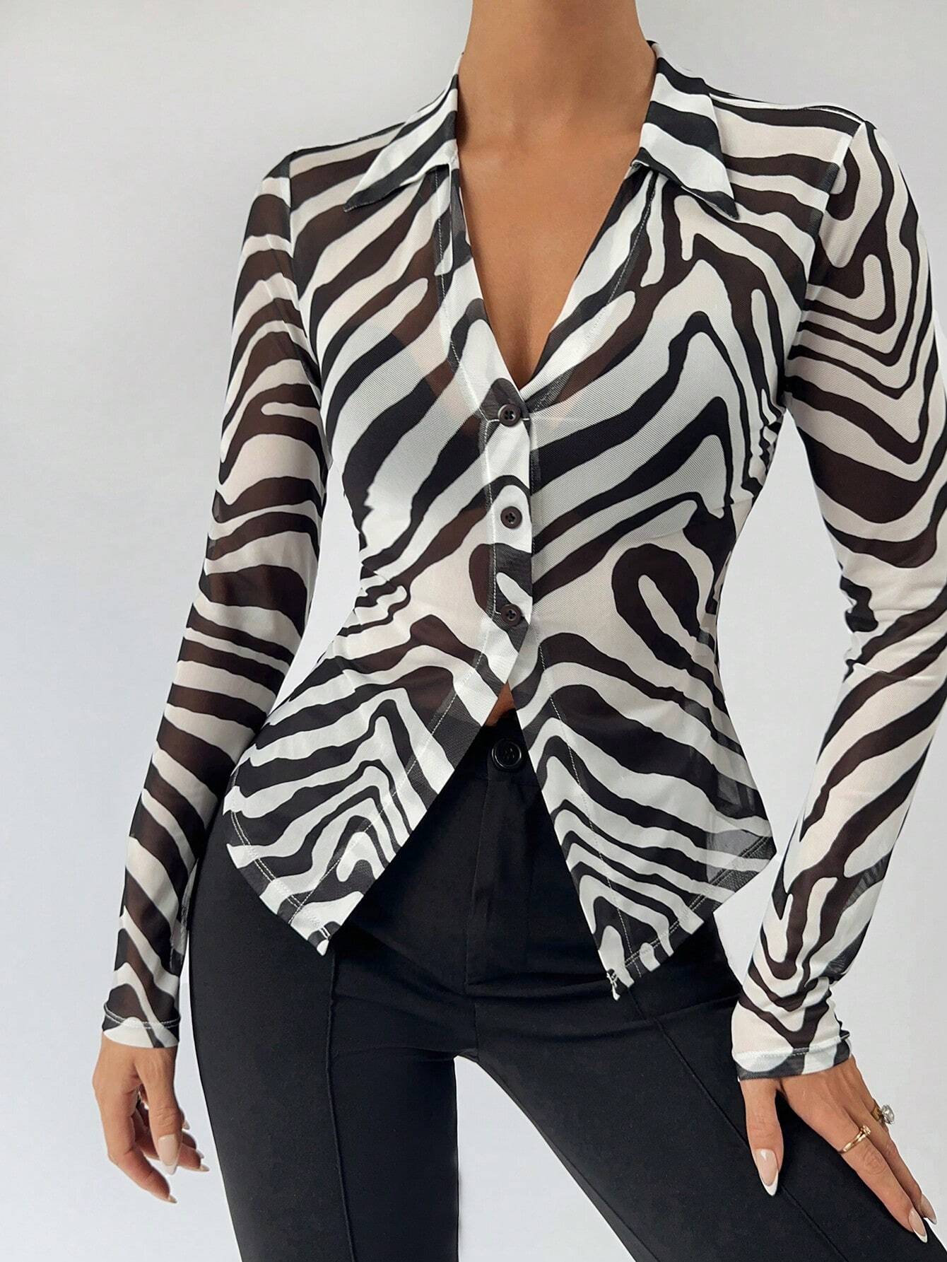  | SHEIN BIZwear Zebra Striped Button Front Mesh Top Without Bra | Shirt | Shein | OneHub