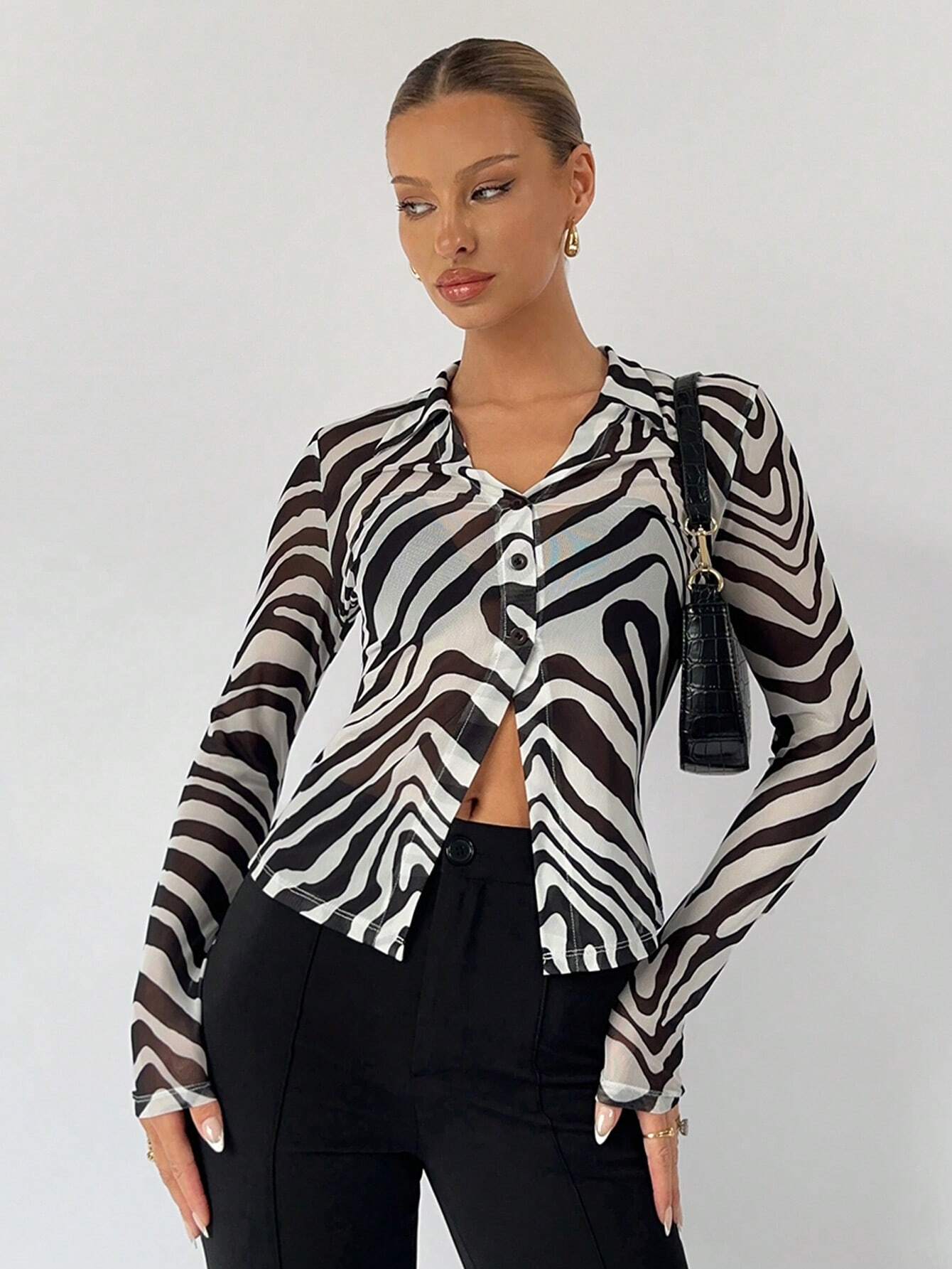  | SHEIN BIZwear Zebra Striped Button Front Mesh Top Without Bra | Shirt | Shein | OneHub