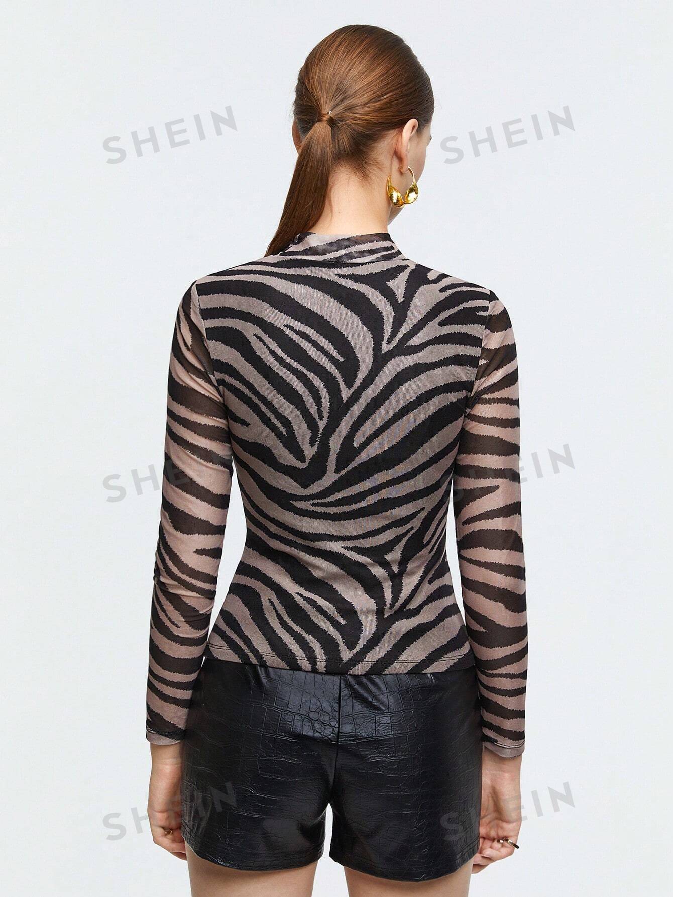  | SHEIN BIZwear Zebra Striped Mock Neck Tee | Tee | Shein | OneHub
