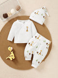 SHEIN Baby Boy 3pcs Set: Adorable Hat, Long Sleeve Top And Fashionable Casual Pants