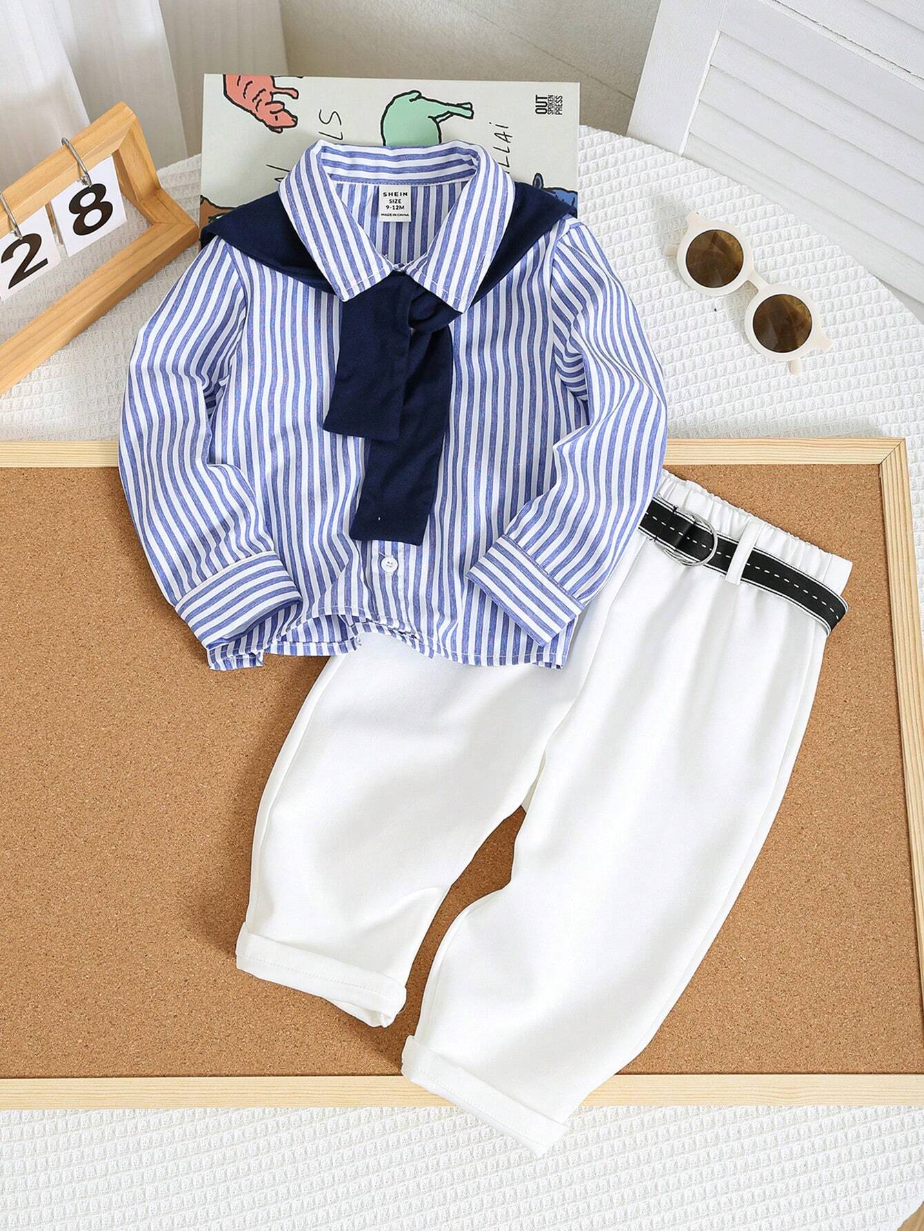  | SHEIN Baby Boy 4pcs/Set Blue & White Striped Long Sleeve Shirt | Romper | Shein | OneHub