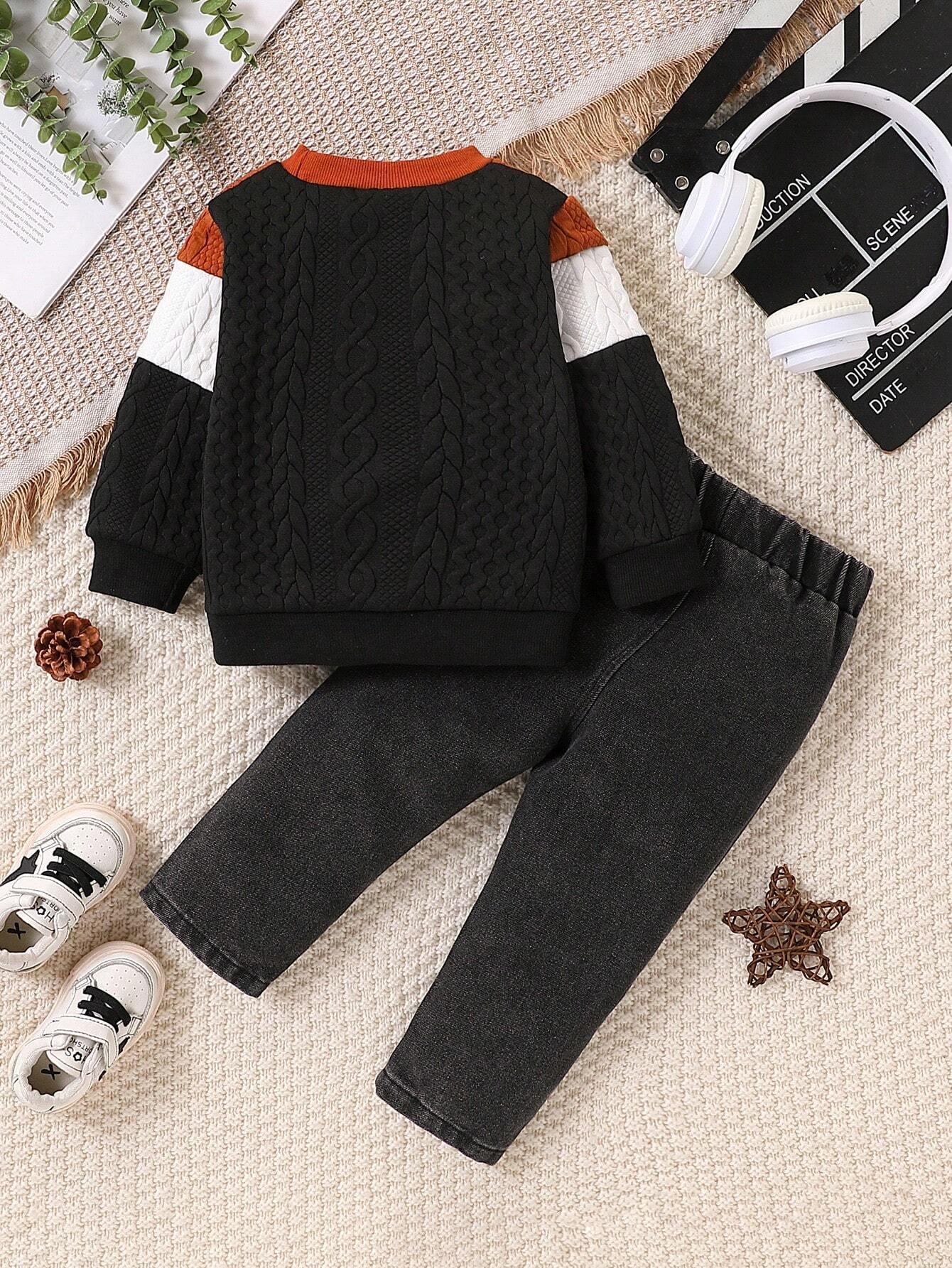  | SHEIN Vintaside Kids Babyboy Babygirl Autumn And Winter Round-Neck Long-Sleeved Three-Color Patchwork Cool Top Paired With Long Fashionable Ripped Jeans | Dress | Shein | OneHub