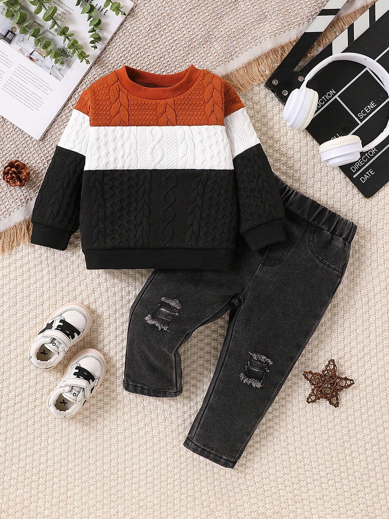  | SHEIN Vintaside Kids Babyboy Babygirl Autumn And Winter Round-Neck Long-Sleeved Three-Color Patchwork Cool Top Paired With Long Fashionable Ripped Jeans | Dress | Shein | OneHub