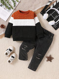  | SHEIN Vintaside Kids Babyboy Babygirl Autumn And Winter Round-Neck Long-Sleeved Three-Color Patchwork Cool Top Paired With Long Fashionable Ripped Jeans | Dress | Shein | OneHub