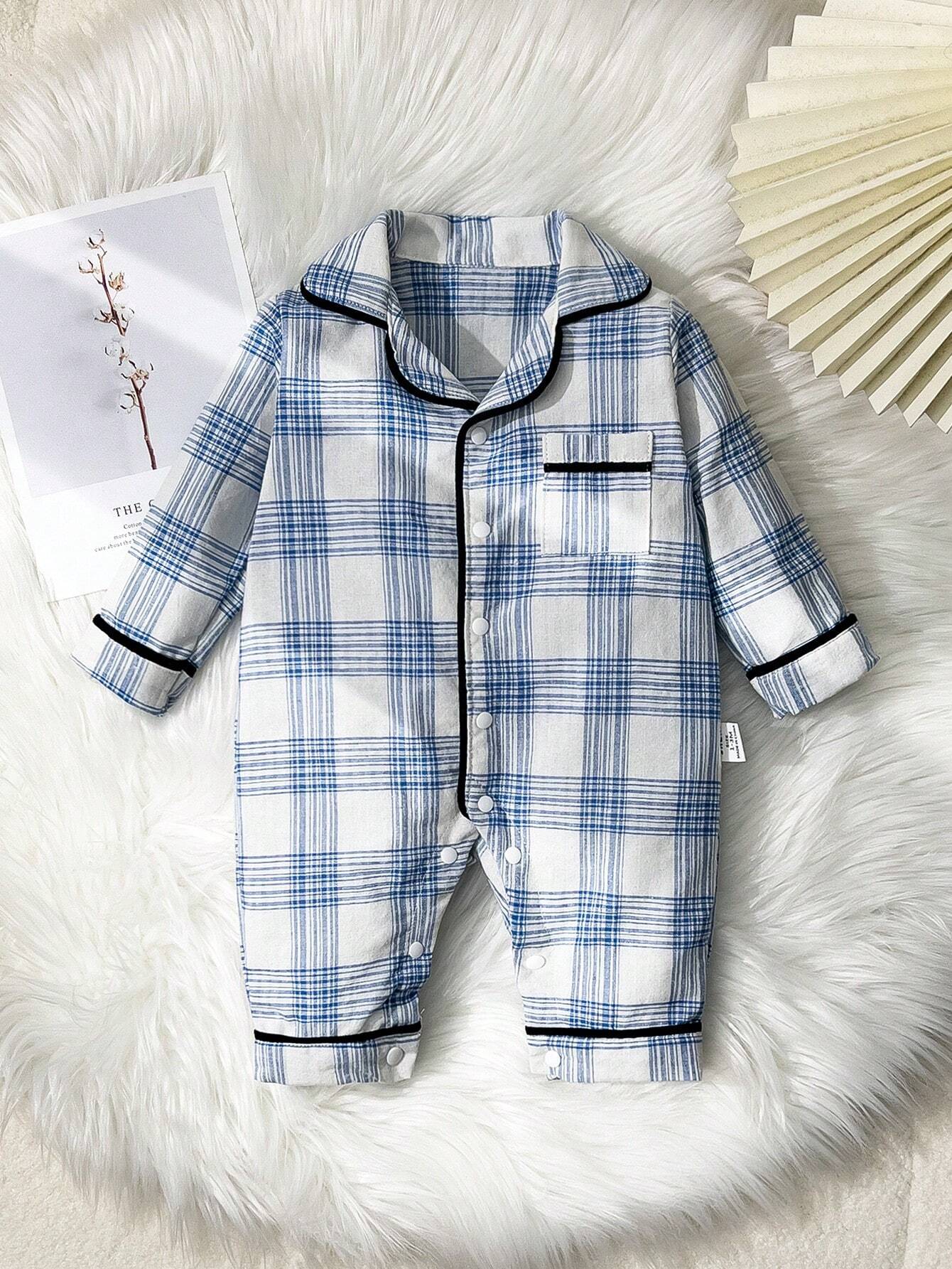  | SHEIN Baby Boy Blue Plaid Cozy Long Sleeve Jumpsuit Pajamas | Bodysuit | Shein | OneHub