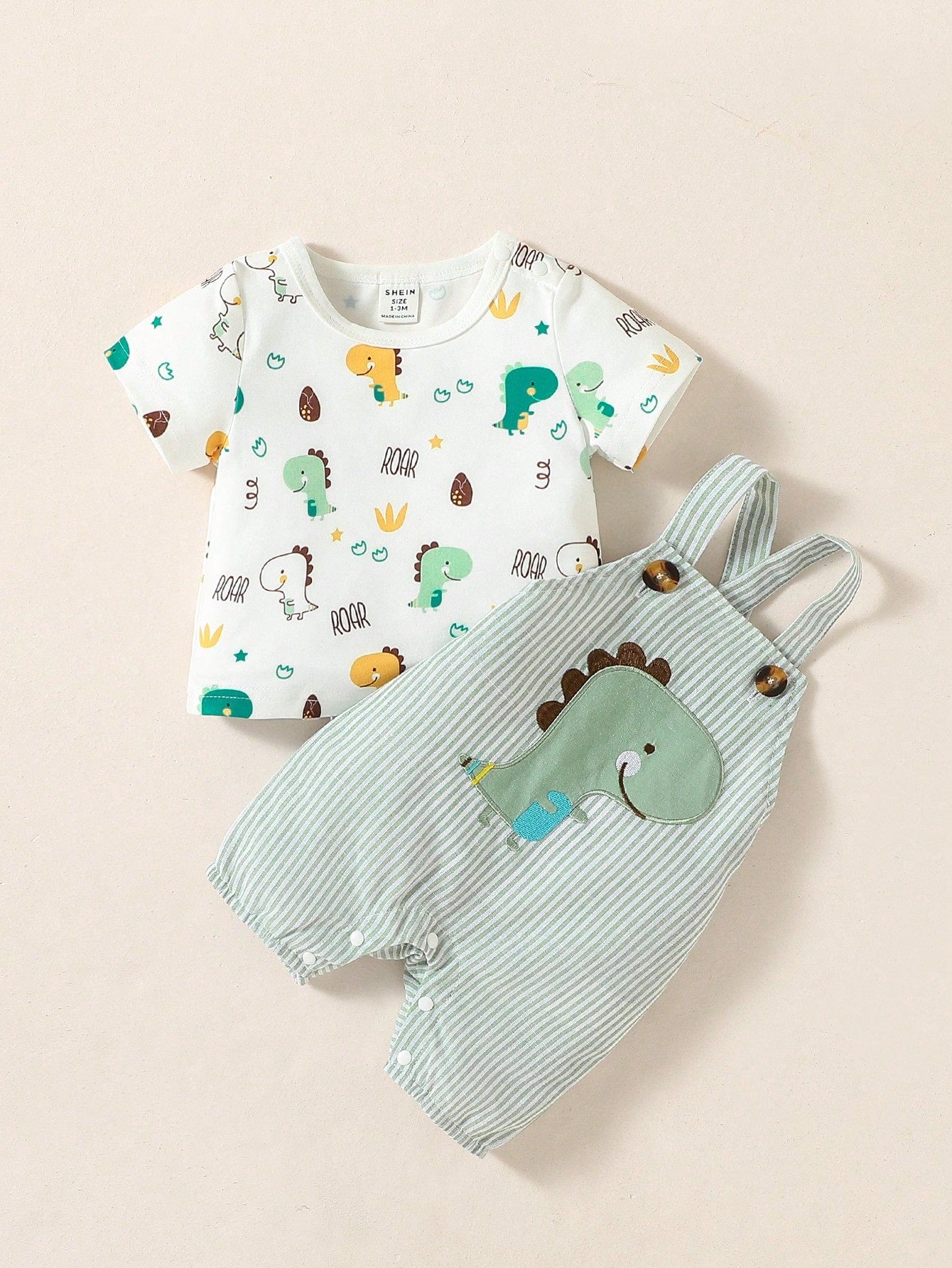  | SHEIN Baby Boy Cartoon Dinosaur Print Tee & Striped Overall Romper | Dress | Shein | OneHub