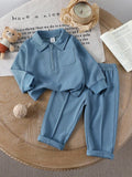 SHEIN Baby Boy/Girl Casual Outfit, Featuring Warm Color Palette And Minimalist Elegant Style. Cozy And Comfortable For Slightly Cool Seasons. Solid Color Half-Zip Collared Long Sleeve Top