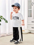 SHEIN Baby Boy/Girl Casual Street Style Letter Print Short Sleeve Top Elastic Waist Color Block Pants Set