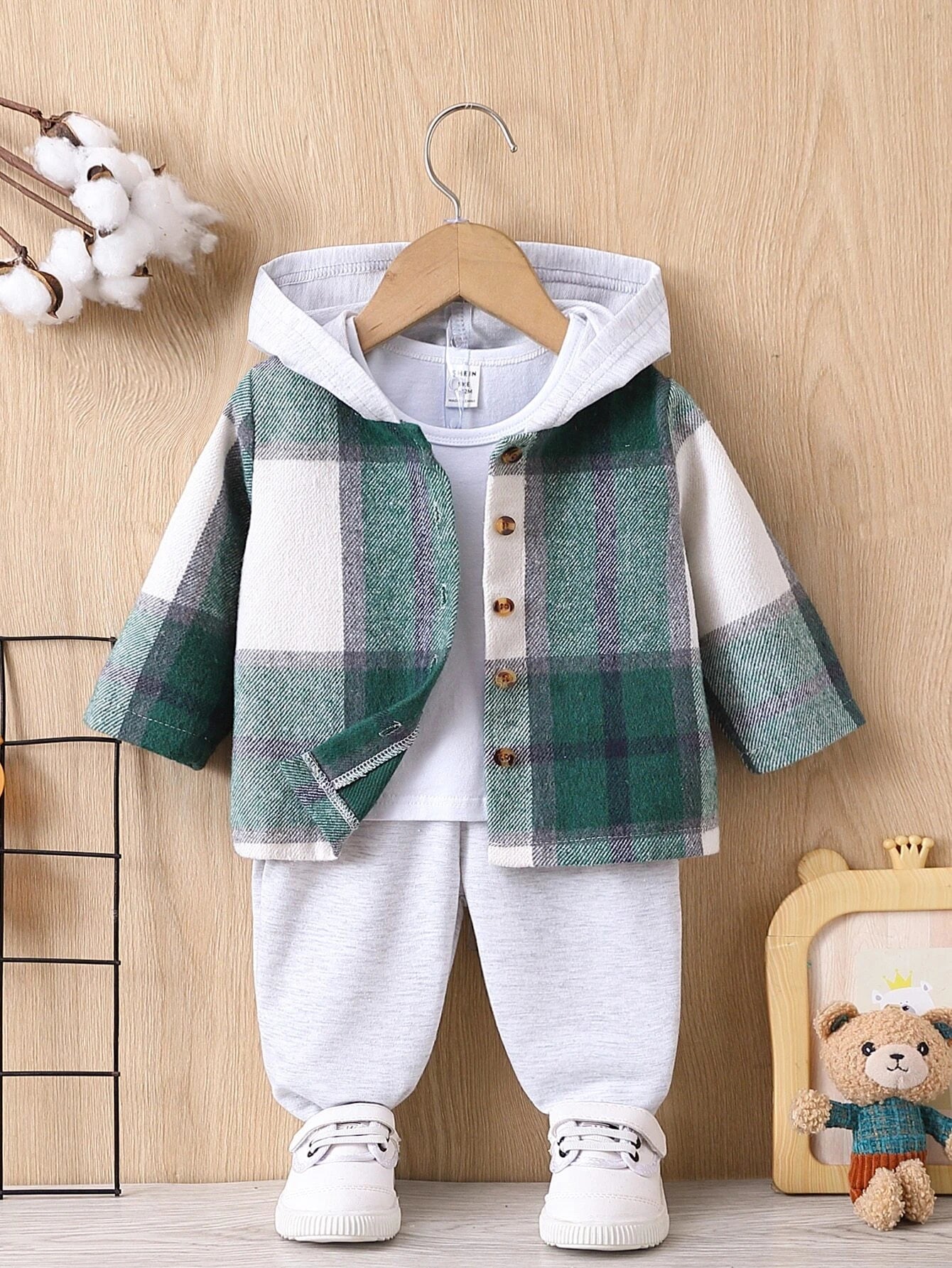  | SHEIN Baby Boy Plaid Print Hooded Shirt & Pants Without Tee, For Christmas | Dress | Shein | OneHub