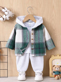SHEIN Baby Boy Plaid Print Hooded Shirt & Pants Without Tee, For Christmas