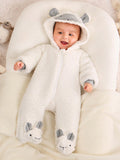 SHEIN Baby Boys Cartoon Embroidery 3D Ears Design Hooded Teddy Sleep Jumpsuit