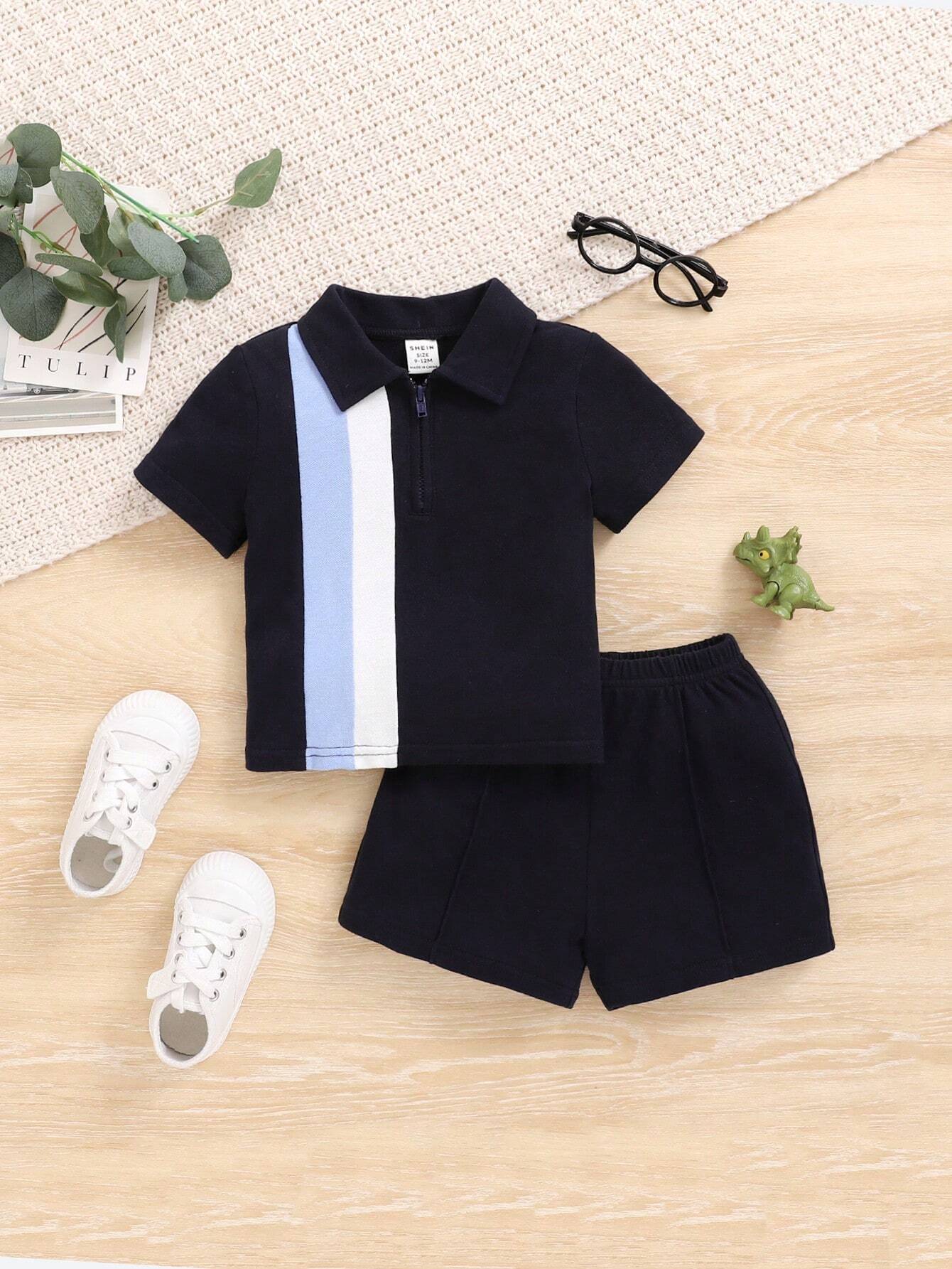  | SHEIN Baby Boy's Casual Colorblock Short Sleeve Polo Shirt And Elastic Waist Shorts Set | Dress | Shein | OneHub