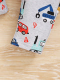 SHEIN Baby Boys' Fun Car Print Short Sleeve Round Neck Top And Long Pants Two-Piece Outfits