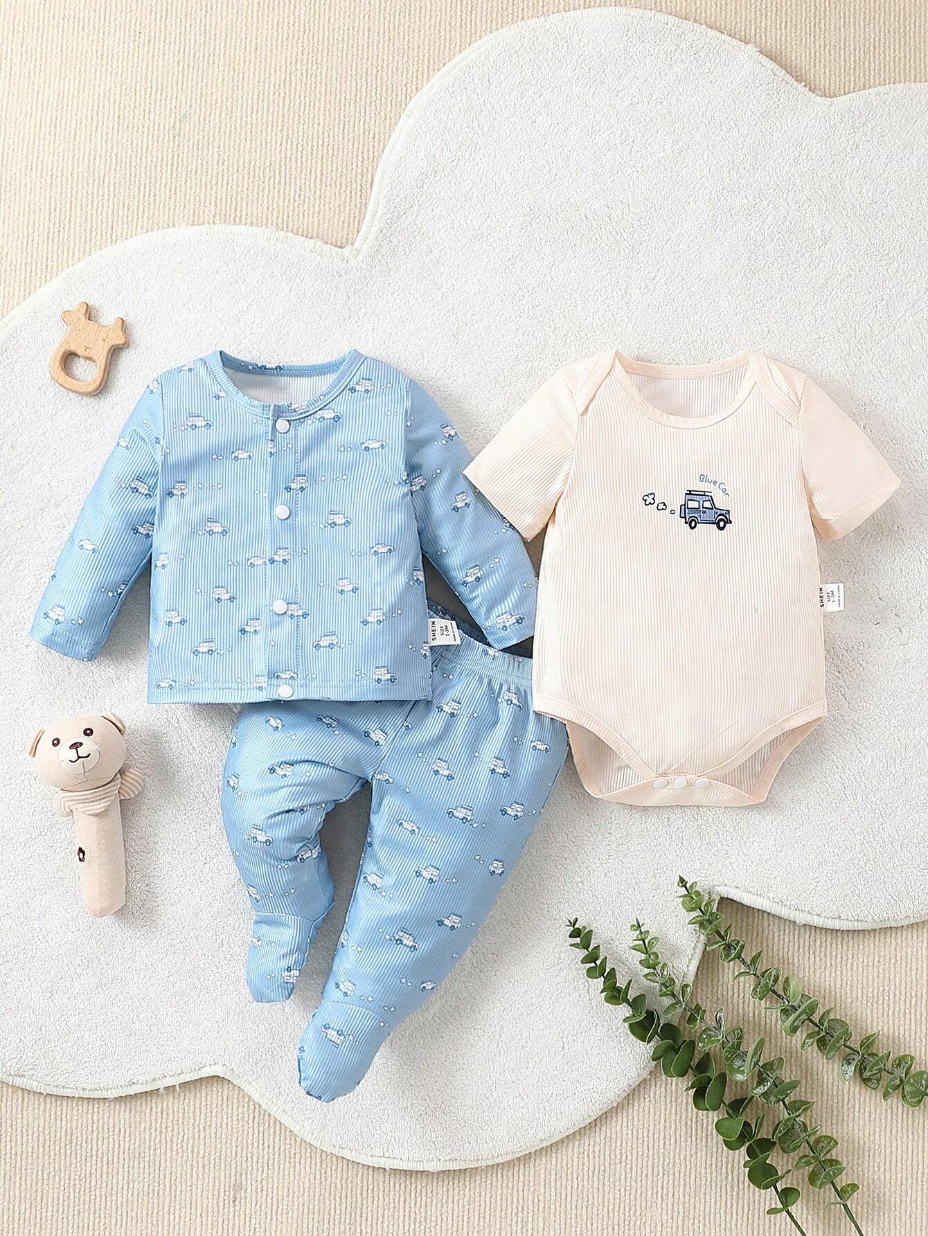 | SHEIN Baby Boys' Light Blue Car Printed Long Pants & Long Sleeve Bodysuit With Light Apricot Short Sleeve Bodysuit, 3pcs/Set Home Wear | Bodysuit | Shein | OneHub
