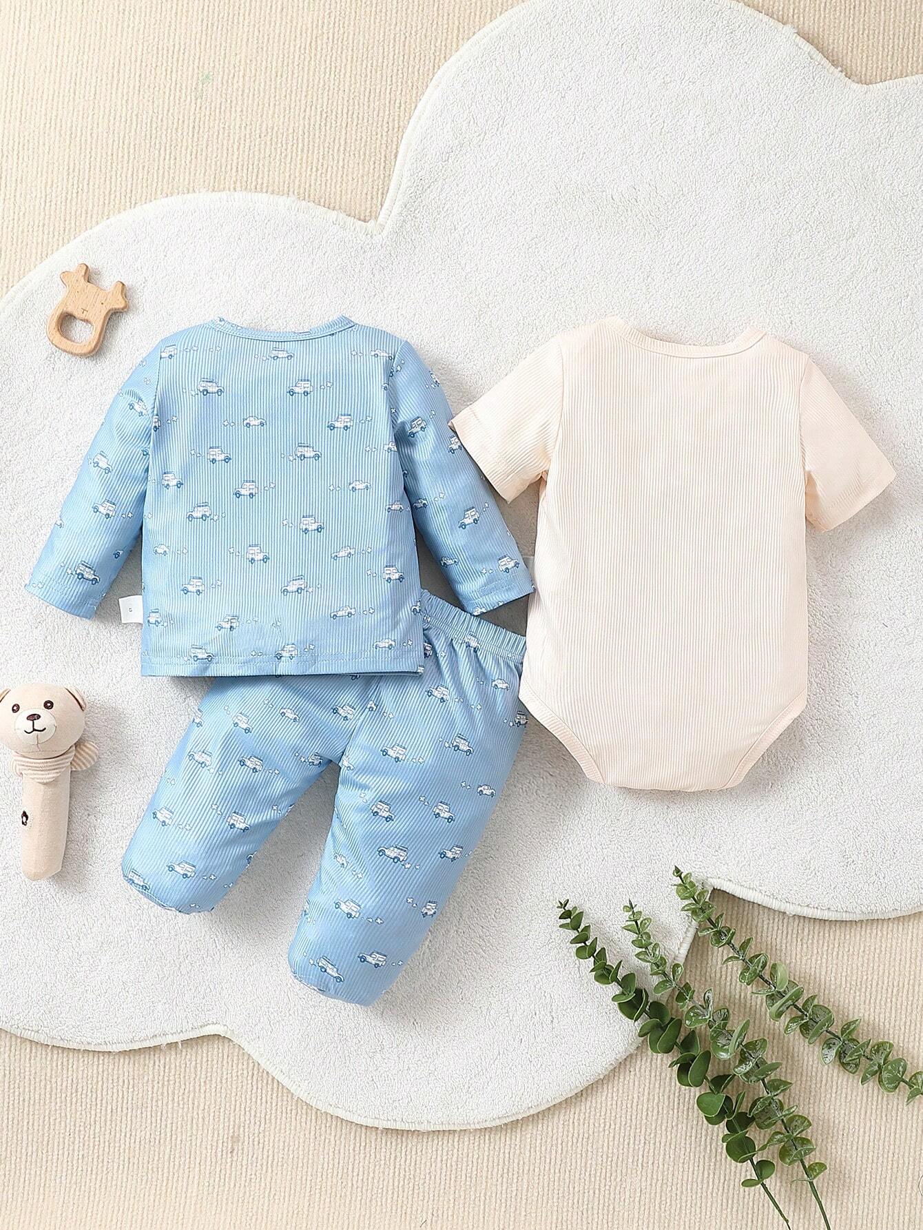  | SHEIN Baby Boys' Light Blue Car Printed Long Pants & Long Sleeve Bodysuit With Light Apricot Short Sleeve Bodysuit, 3pcs/Set Home Wear | Bodysuit | Shein | OneHub