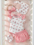  | SHEIN Baby Girl Floral Print Ruffle Trim Bodysuit & Shorts & Accessory Headband & Bib & Gloves | Dress | Shein | OneHub