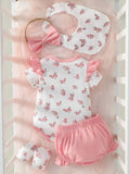  | SHEIN Baby Girl Floral Print Ruffle Trim Bodysuit & Shorts & Accessory Headband & Bib & Gloves | Dress | Shein | OneHub