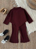 SHEIN Baby Girl Infant Toddler 0-3 Years Casual Daily Versatile Fashion Outerwear High Collar Drop Shoulder Ribbed Knit Long Sleeve Top + Flared Pants Set, Infant Autumn/Winter Clothing, Khaki Fall