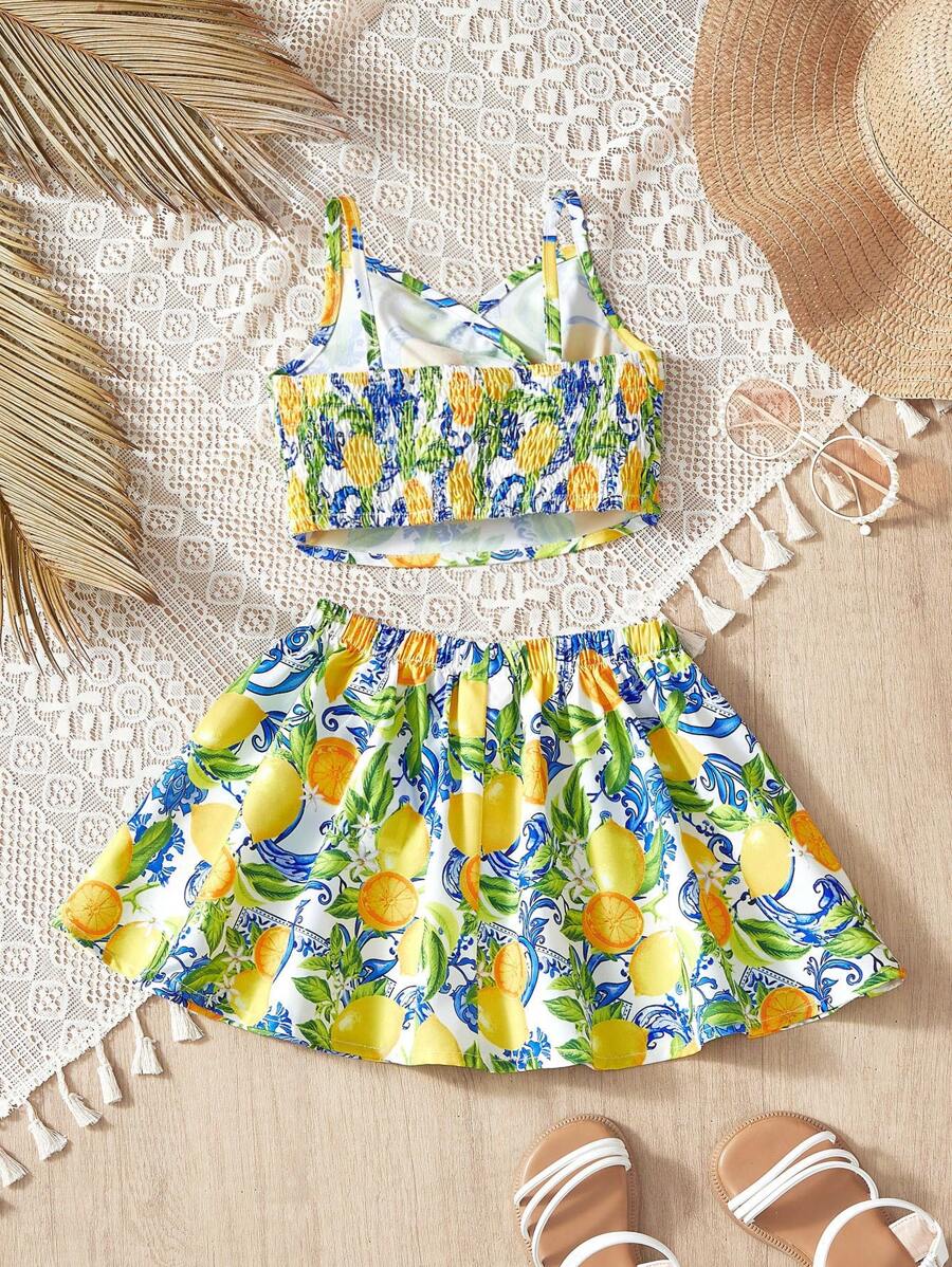  | SHEIN Baby Girl Lemon Print Sleeveless Crop Top And Mini Skirt Set, Summer Vacation | Dress | Shein | OneHub