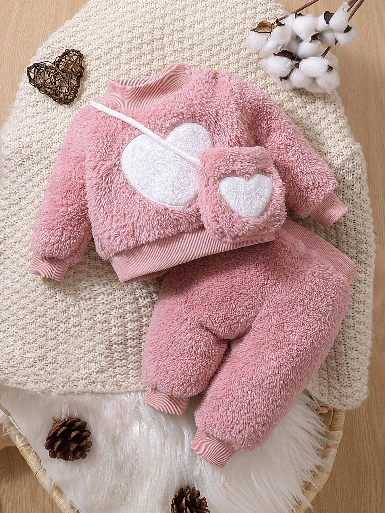  | SHEIN Baby Girl Newborn Heart Embroidery Teddy Pullover & Pants & Bag | Dress | Shein | OneHub