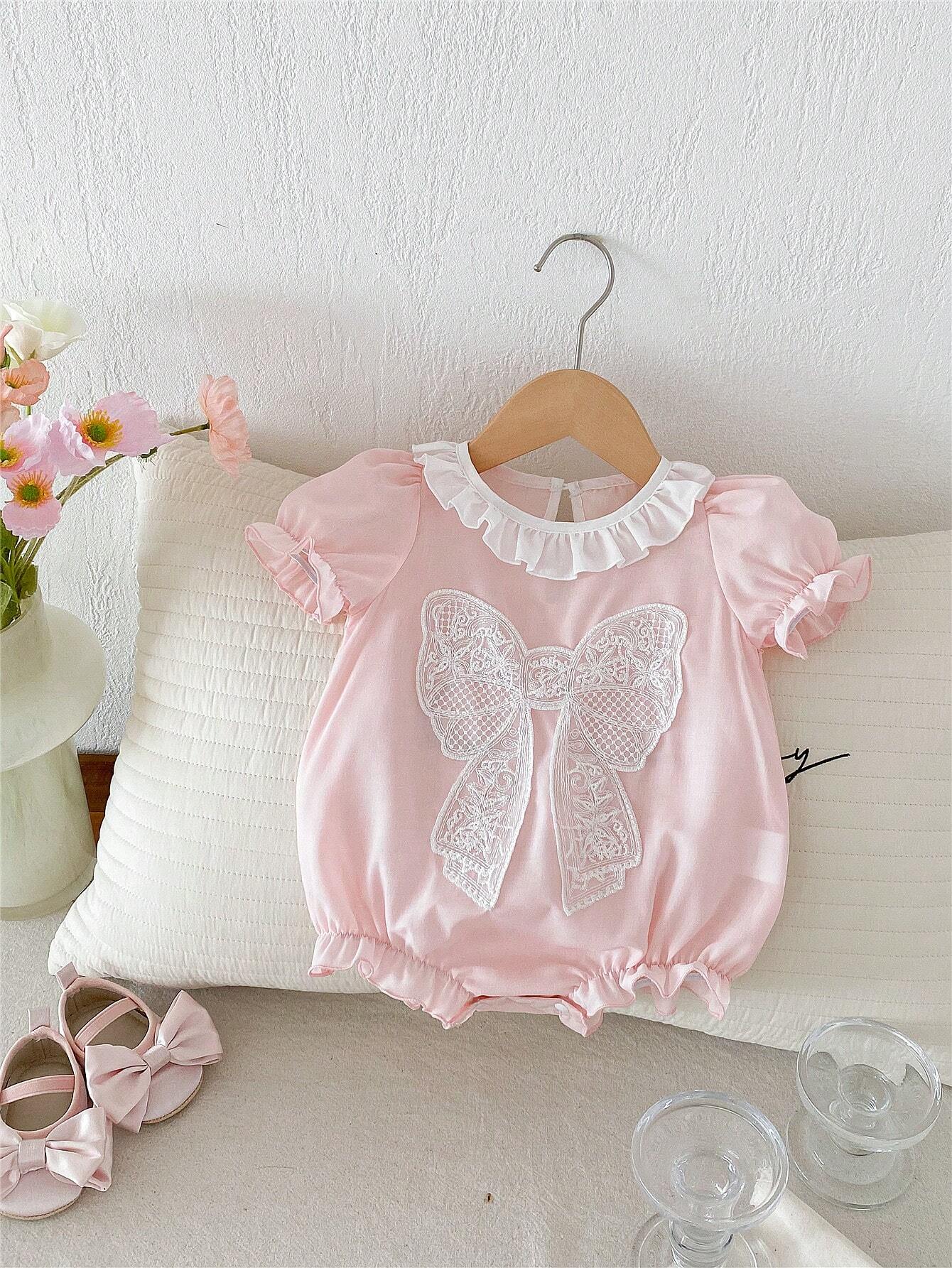  | SHEIN Baby Girl Pink Butterfly Bubble Sleeves Floral Lace Short Sleeve Romper | Dress | Shein | OneHub