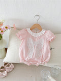 SHEIN Baby Girl Pink Butterfly Bubble Sleeves Floral Lace Short Sleeve Romper