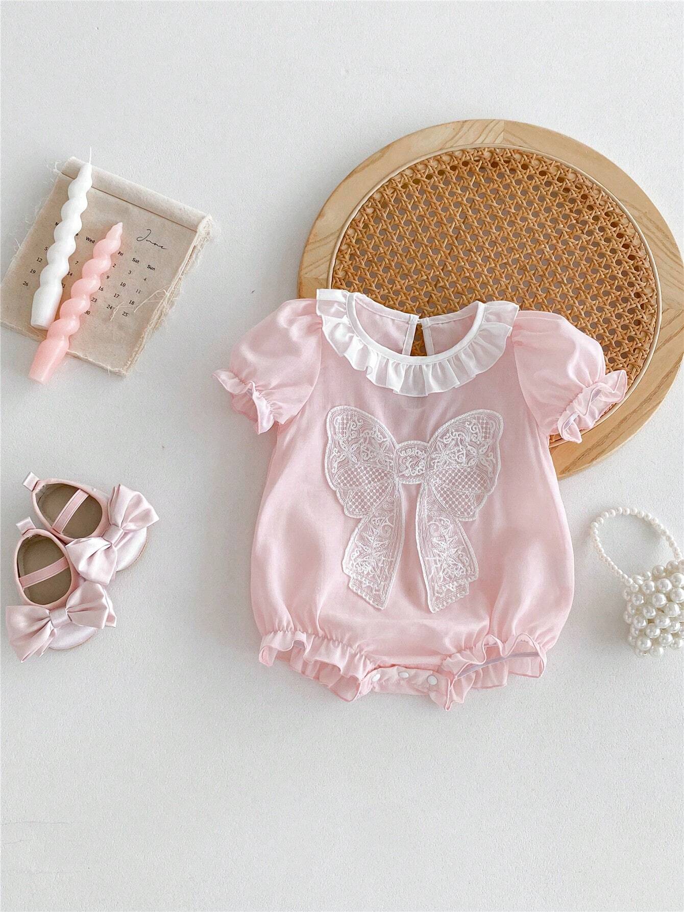  | SHEIN Baby Girl Pink Butterfly Bubble Sleeves Floral Lace Short Sleeve Romper | Dress | Shein | OneHub