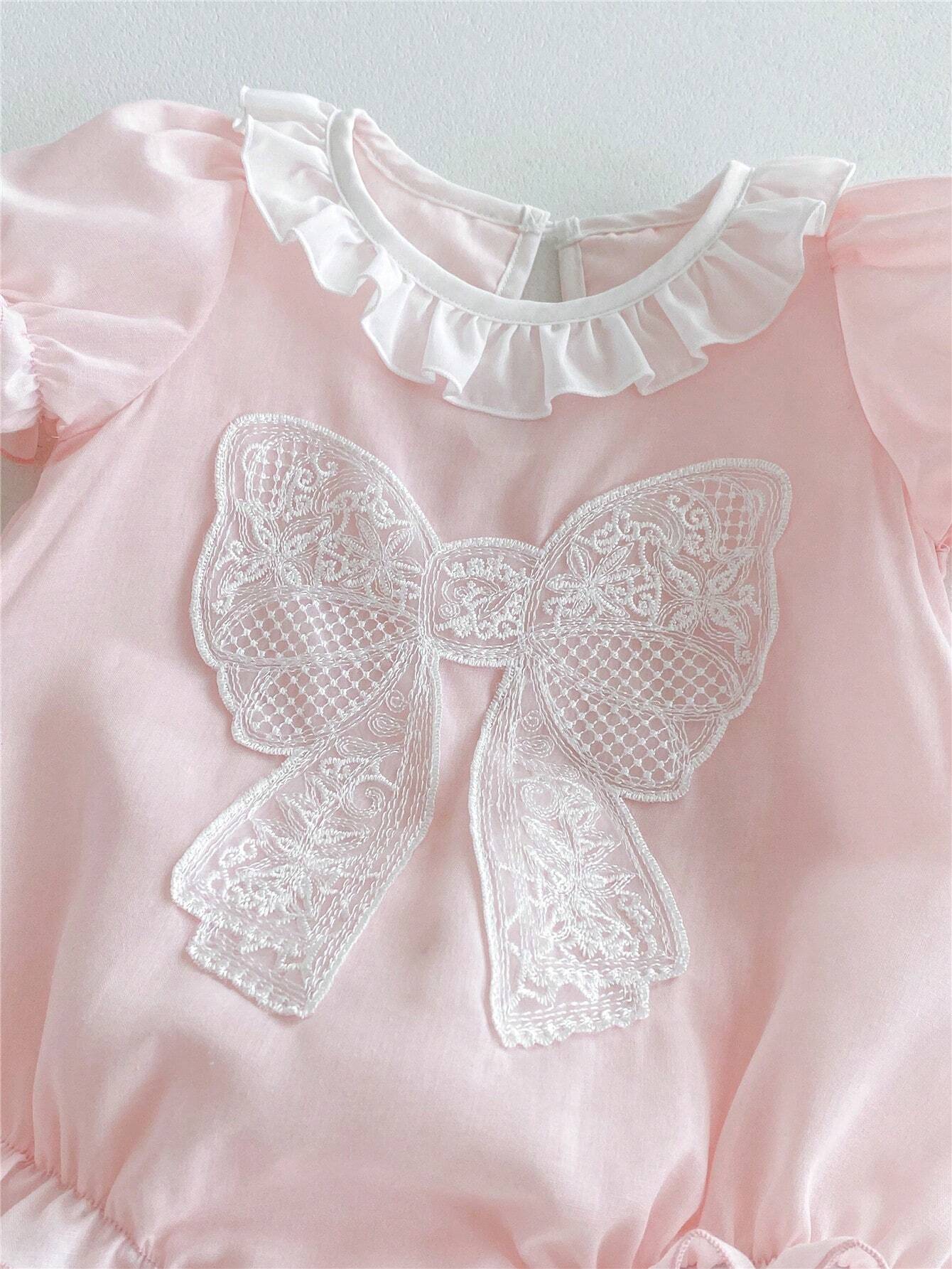  | SHEIN Baby Girl Pink Butterfly Bubble Sleeves Floral Lace Short Sleeve Romper | Dress | Shein | OneHub
