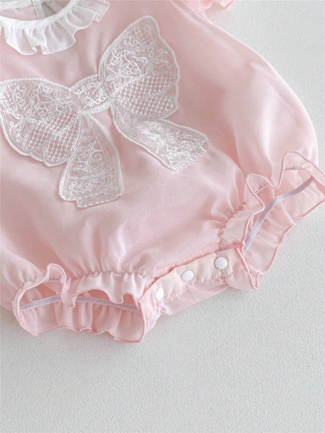  | SHEIN Baby Girl Pink Butterfly Bubble Sleeves Floral Lace Short Sleeve Romper | Dress | Shein | OneHub