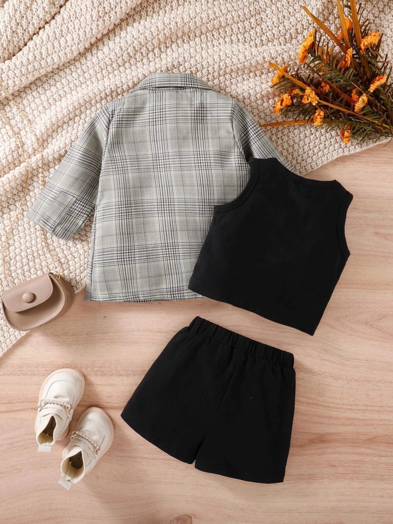  | SHEIN Baby Girl Plaid Print Blazer & Tank Top & Shorts | Dress | Shein | OneHub