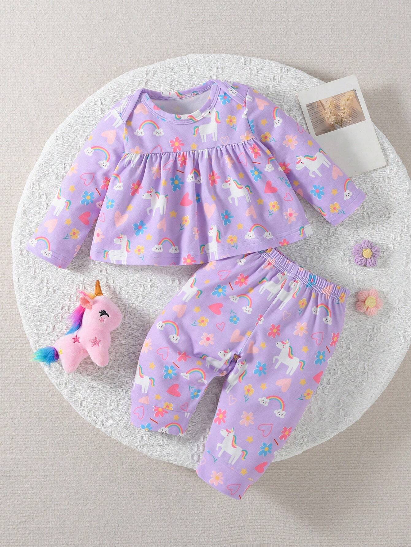  | SHEIN Baby Girl Purple Cute Printed Unicorn Rainbow Heart And Flower Pattern Long Sleeve Long Pants Casual Home Wear 2pcs/Set | Bodysuit | Shein | OneHub