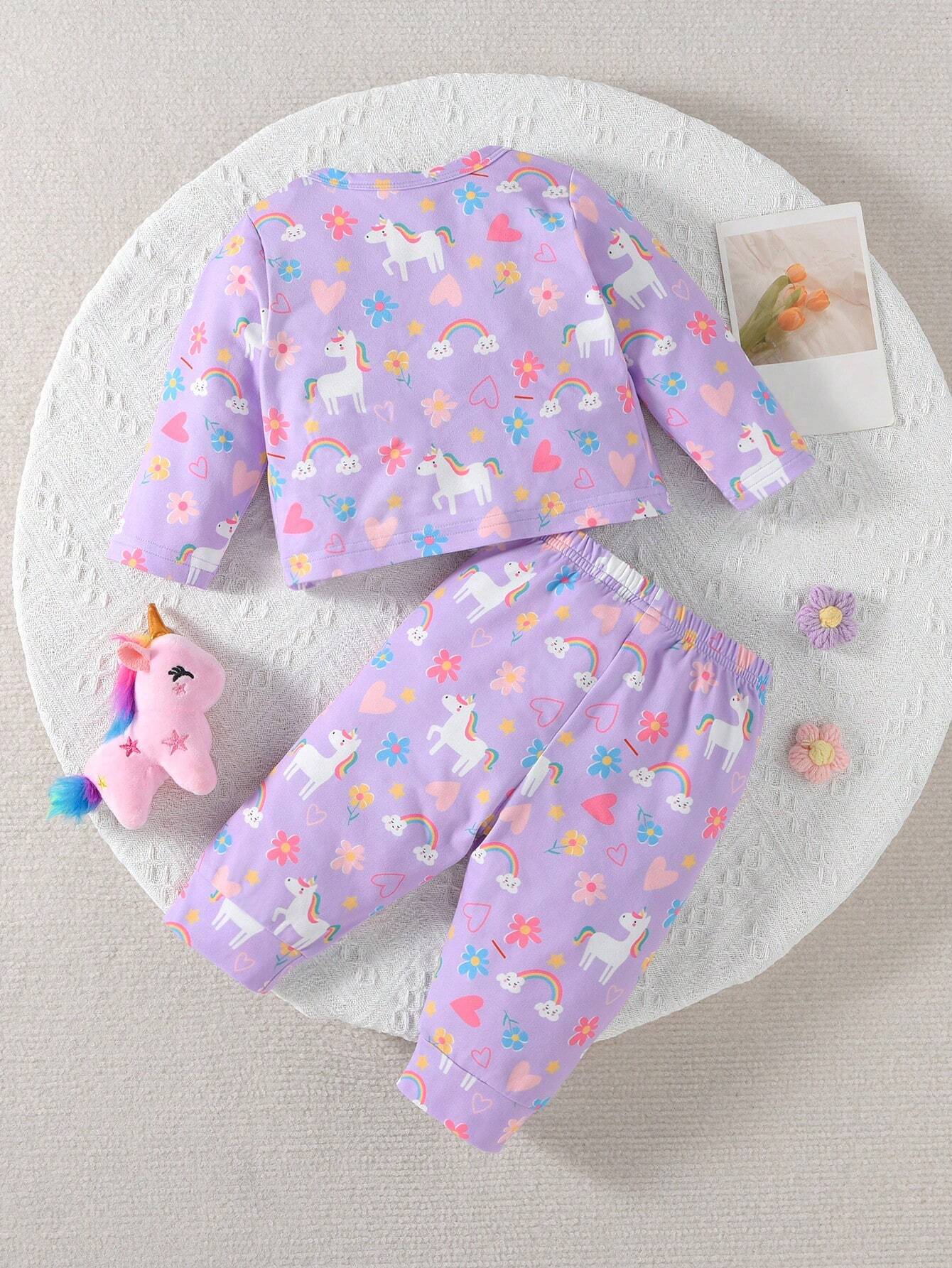  | SHEIN Baby Girl Purple Cute Printed Unicorn Rainbow Heart And Flower Pattern Long Sleeve Long Pants Casual Home Wear 2pcs/Set | Bodysuit | Shein | OneHub