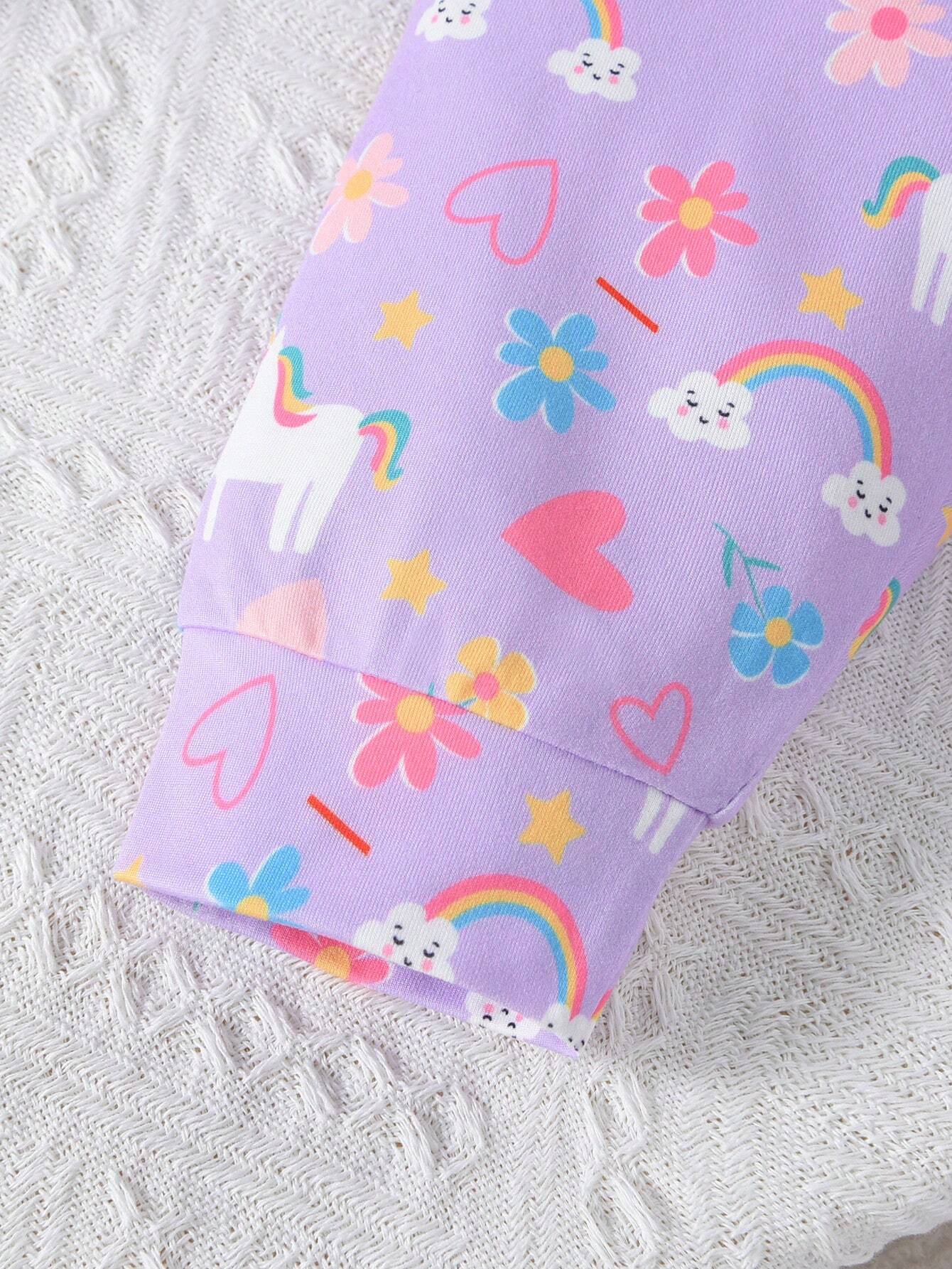  | SHEIN Baby Girl Purple Cute Printed Unicorn Rainbow Heart And Flower Pattern Long Sleeve Long Pants Casual Home Wear 2pcs/Set | Bodysuit | Shein | OneHub