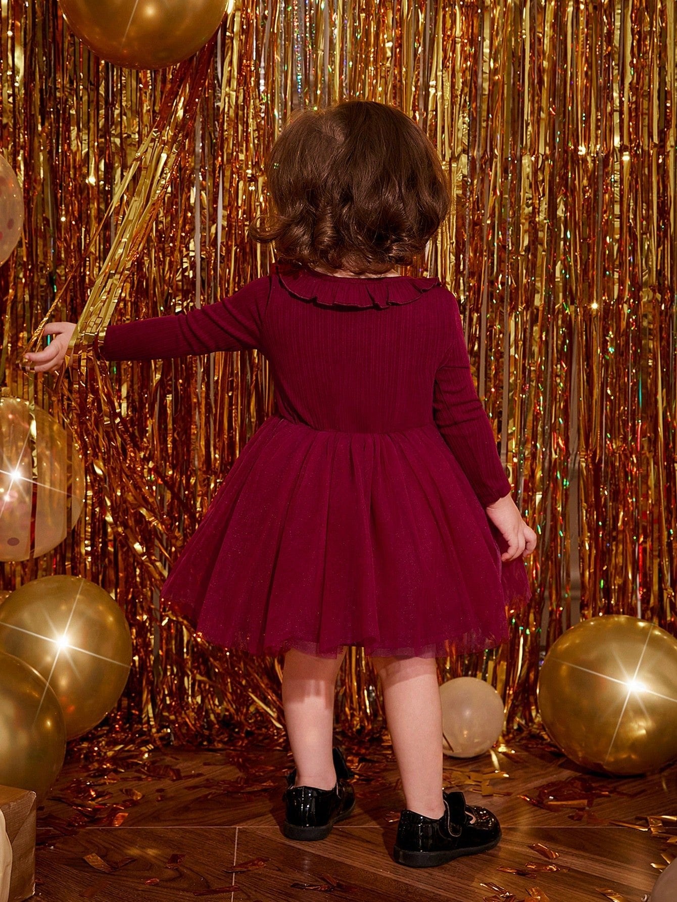  | SHEIN Baby Girl Romantic Knitted Mesh Patchwork Dress With Ruffle Hem, Long Sleeve | Dress | Shein | OneHub