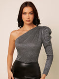 SHEIN Belle One Shoulder Gigot Sleeve Glitter Top