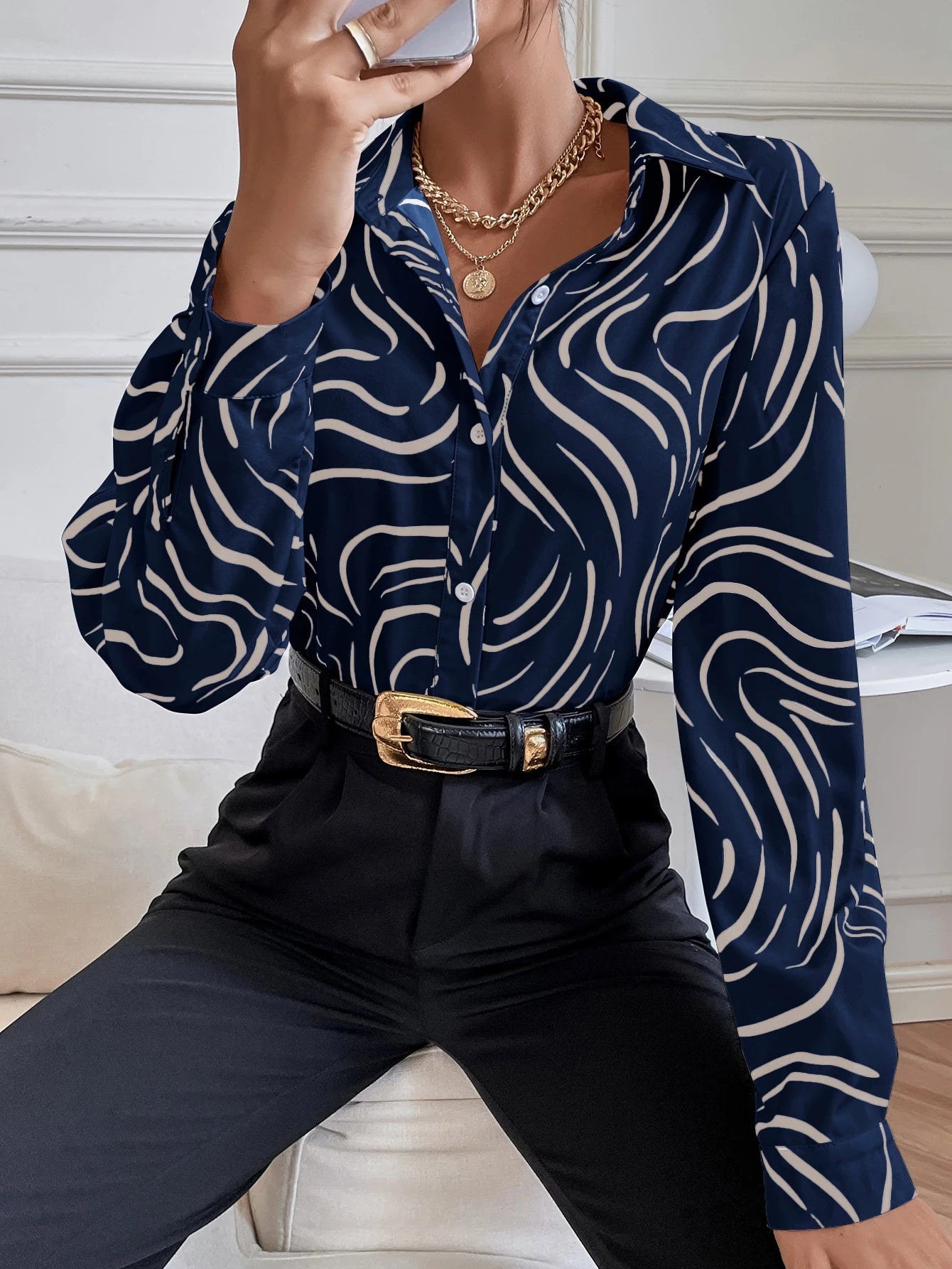 SHEIN Clasi Allover Print Shirt,Long Sleeve Tops Fall Cloth For Women