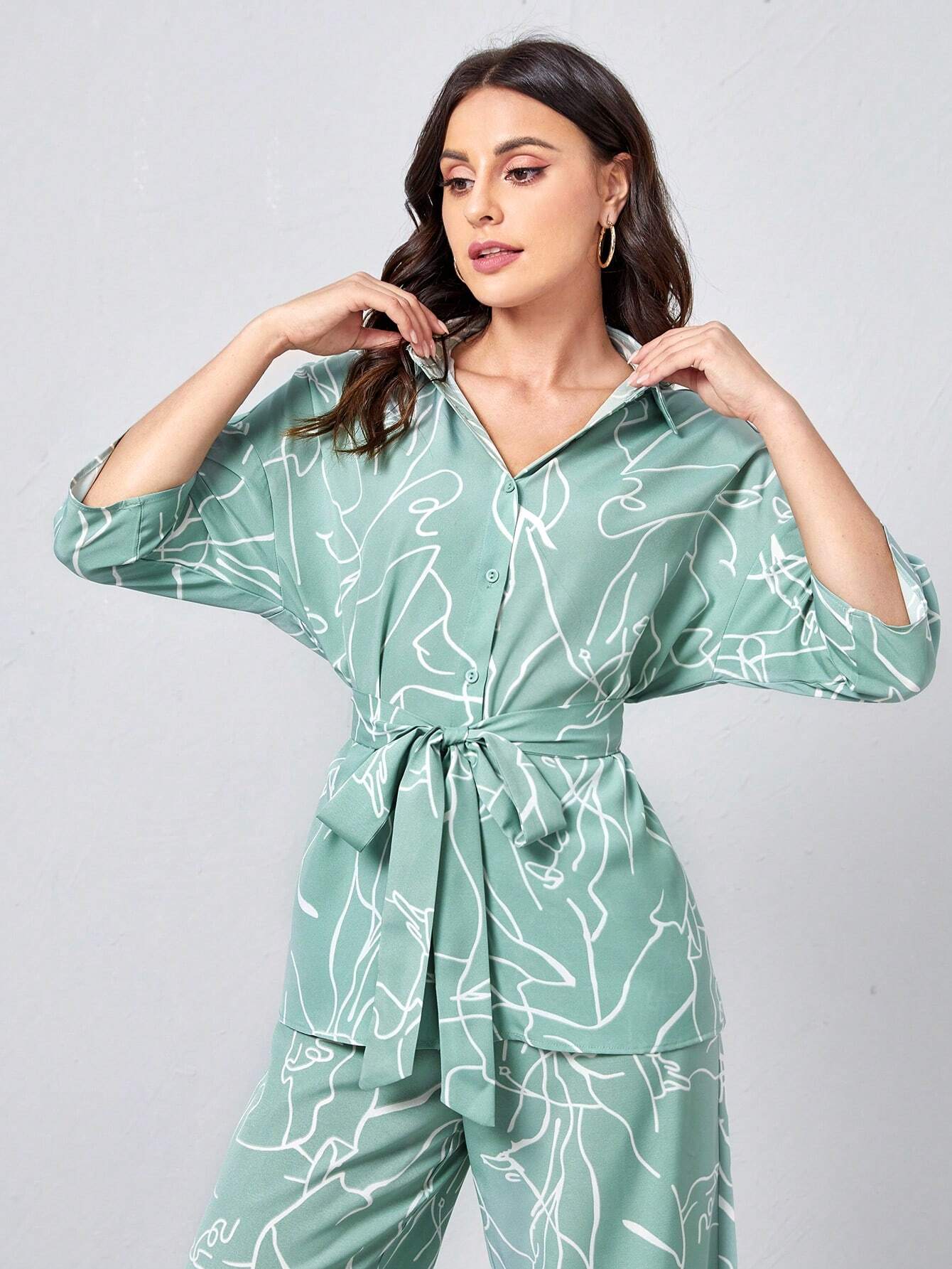  | SHEIN Clasi Collared Self Belted Allover Print Blouse & Wide Leg Pants Set | Top and Pant Set | Shein | OneHub