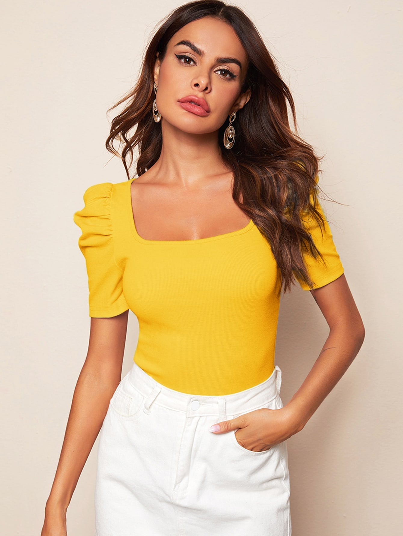  | SHEIN Clasi Puff Sleeve Rib-knit Solid Top | Top | Shein | OneHub