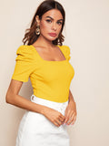  | SHEIN Clasi Puff Sleeve Rib-knit Solid Top | Top | Shein | OneHub