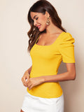  | SHEIN Clasi Puff Sleeve Rib-knit Solid Top | Top | Shein | OneHub