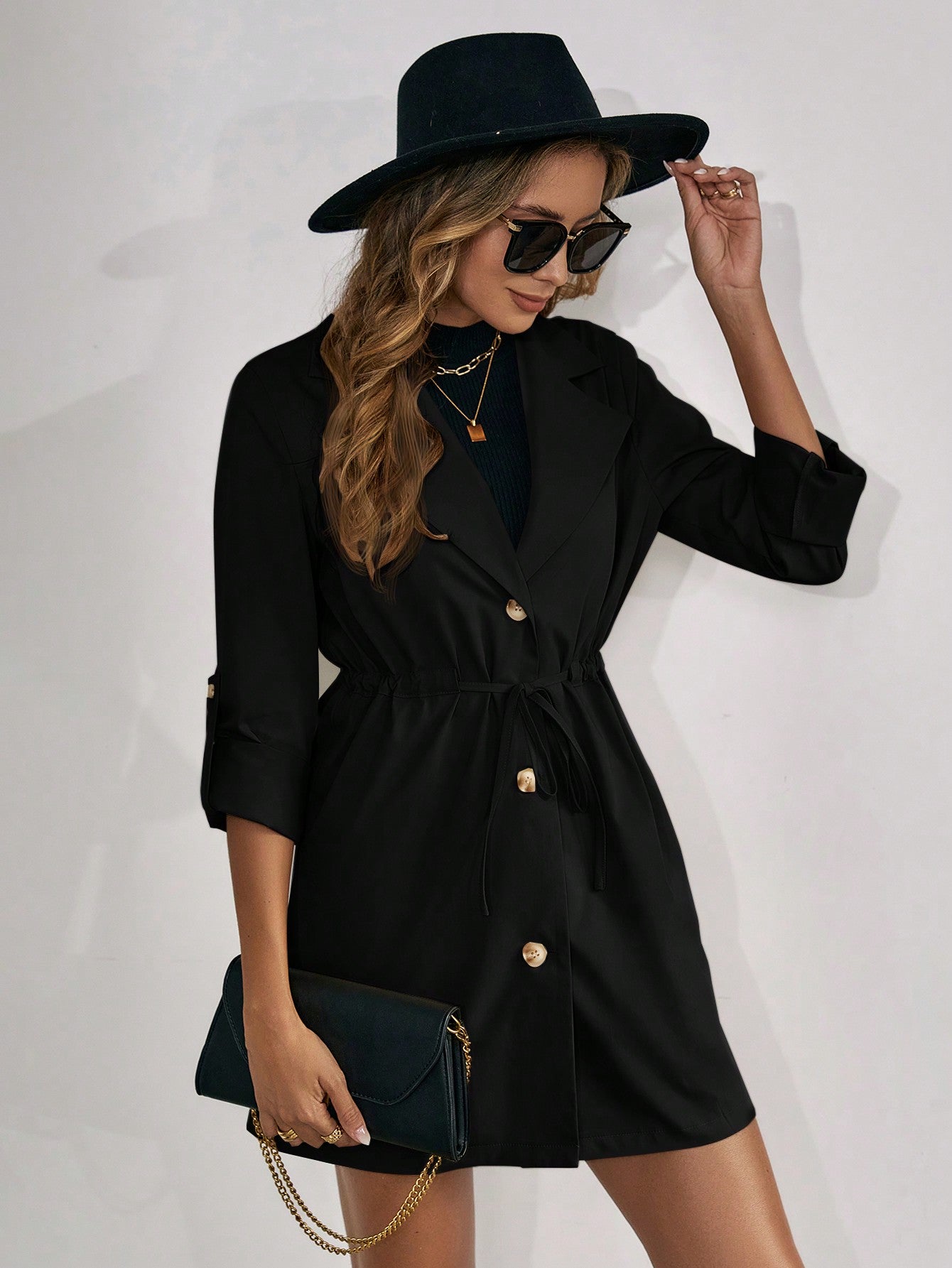  | SHEIN Clasi Roll Tab Sleeve Drawstring Waist Button Front Coat | Blazer | Shein | OneHub