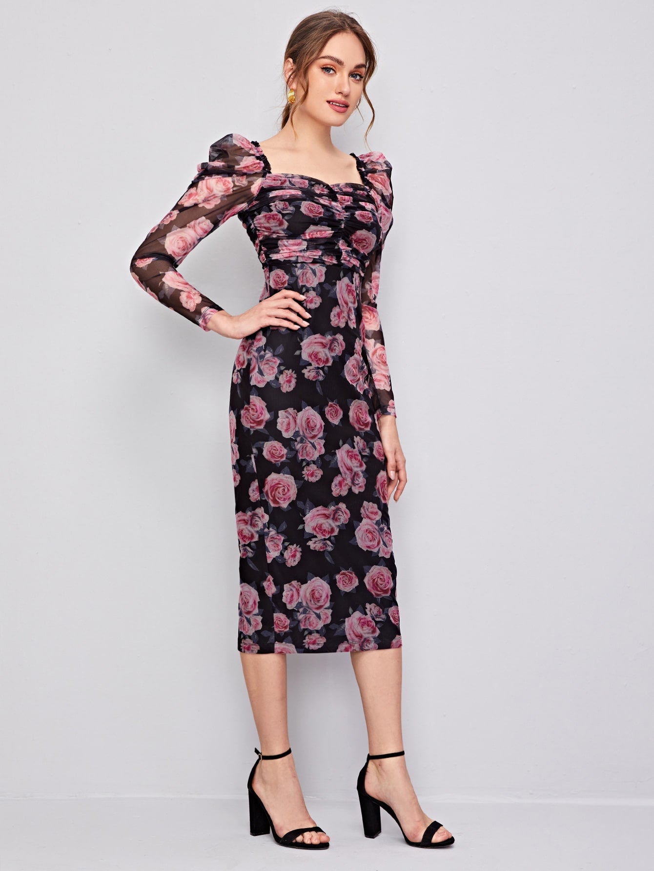  | SHEIN Clasi Ruched Detail Gigot Sleeve Floral Mesh Dress | Dress | Shein | OneHub