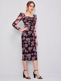  | SHEIN Clasi Ruched Detail Gigot Sleeve Floral Mesh Dress | Dress | Shein | OneHub