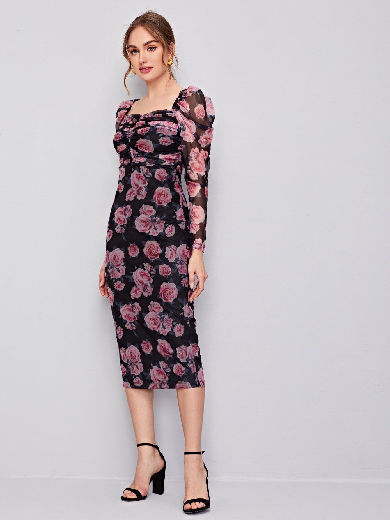  | SHEIN Clasi Ruched Detail Gigot Sleeve Floral Mesh Dress | Dress | Shein | OneHub