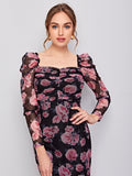  | SHEIN Clasi Ruched Detail Gigot Sleeve Floral Mesh Dress | Dress | Shein | OneHub