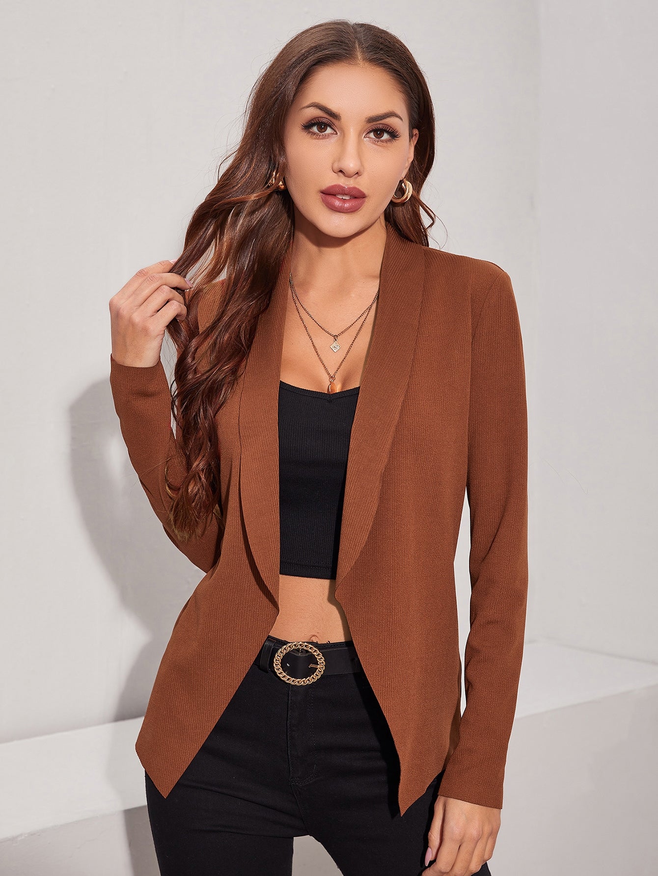  | SHEIN Clasi Shawl Neck Open Front Solid Coat | Blazer | Shein | OneHub