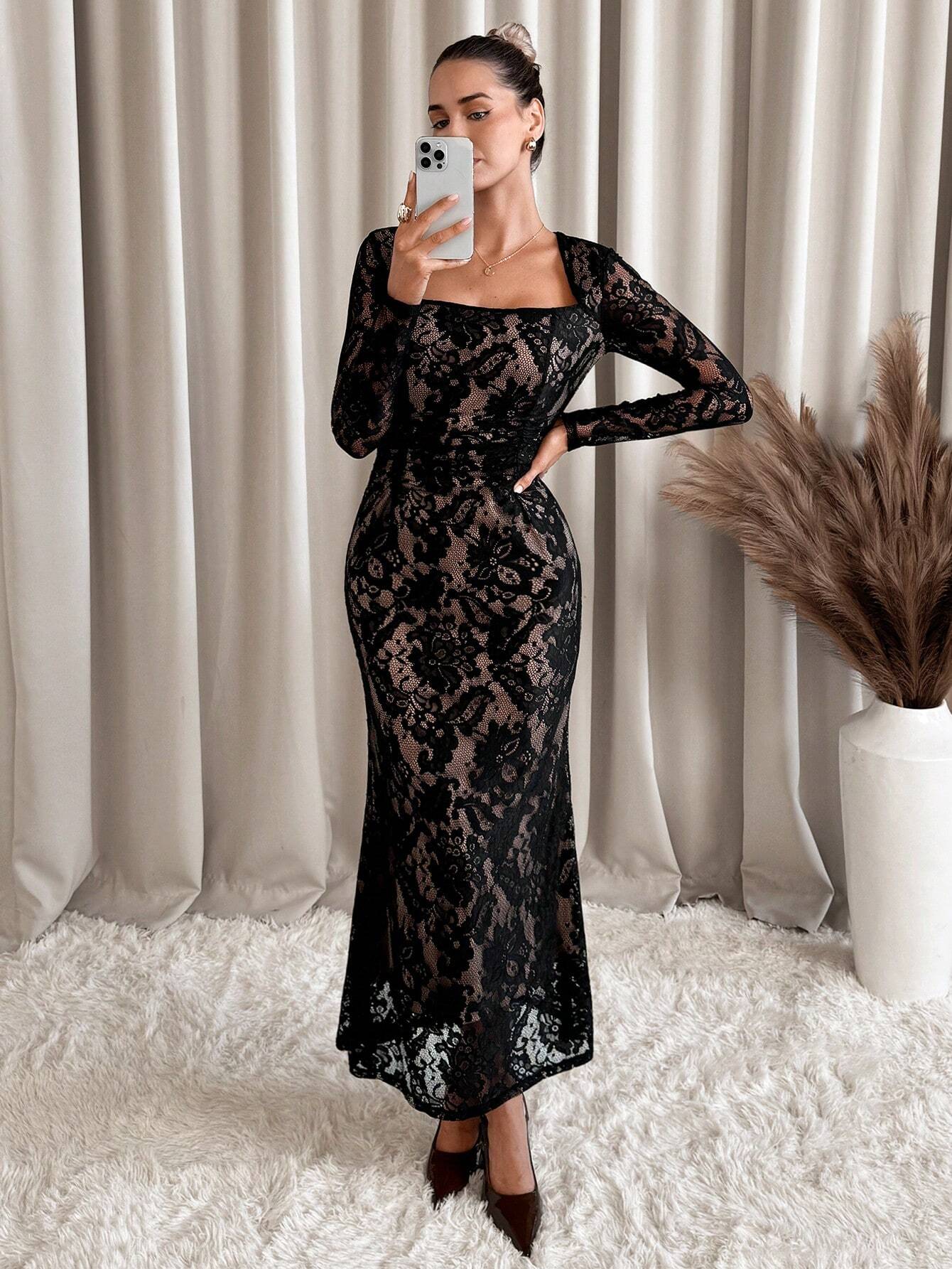  | SHEIN Clasi Women's Full-Lace Long Sleeve Bodycon Slim Fit Crew Neck Dress, Elegant Black Color, Suitable For Autumn/Winter Daily, Outings, Parties, Dates And Other Occasions | Dress | Shein | OneHub