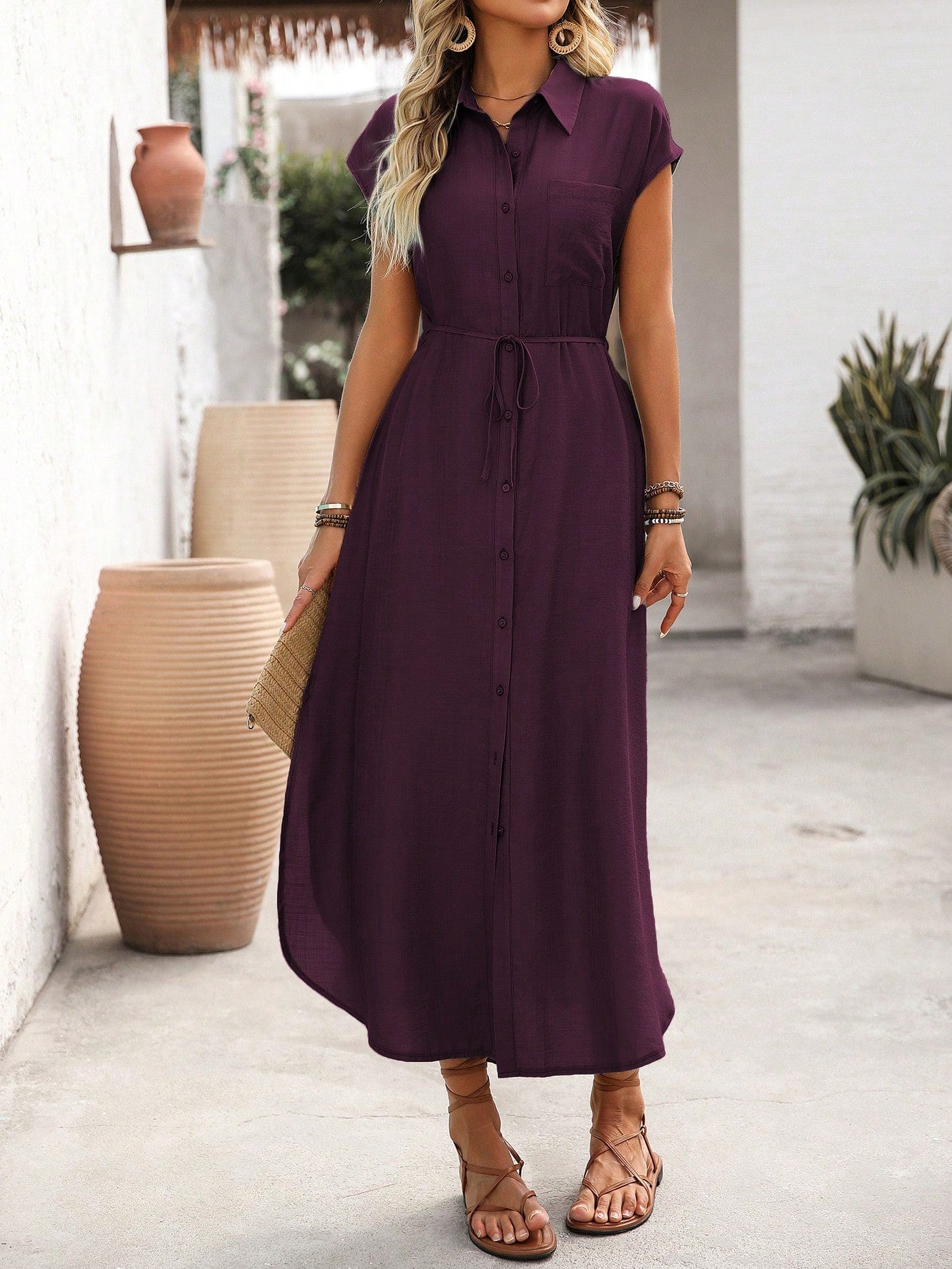 SHEIN Clasi Women's Solid Color Casual/Commute V-Neck Short Sleeve Midi Dress With Chest Pocket, Waist Belt, Bowknot, Side Slit, Dropped Shoulder