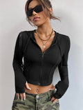  | SHEIN Coolane Ribbed Knit Zip Up Drawstring Hooded Crop Jacket | Jacket | Shein | OneHub