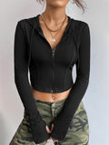  | SHEIN Coolane Ribbed Knit Zip Up Drawstring Hooded Crop Jacket | Jacket | Shein | OneHub